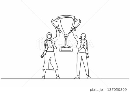 Continuous one line drawing two women holding golden goblet together. Winners celebrating victory. Businesswoman with prize, trophy cup. Celebration business team success. Single line design vector 127050899