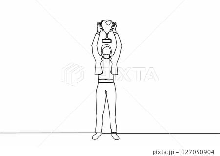 Continuous one line drawing happy businesswoman standing and lifting trophy. Career goal icon. Victory sign or symbol. Winner pose. Success, goal, achievement concept. Single line draw design vector 127050904
