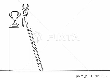 Single one line drawing businesswoman climb ladder to reach trophy and standing with arms lifted in air. Female celebrating her business award. Continuous line draw design graphic vector illustration 127050907