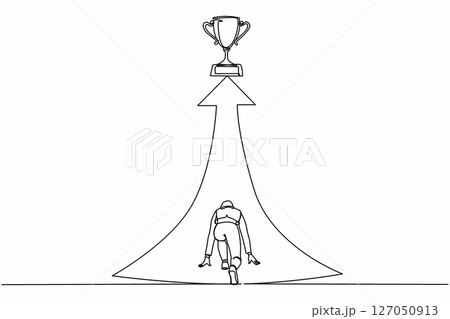 Continuous one line drawing back view businesswoman ready to run to trophy at end of route. Vision mission and goal of business. Female run to their goal, motivation. Single line draw design vector Continuous one line drawing back view businesswoman ready to run to trophy at end of route. Vision mission and goal of business. Female run to their goal, motivation. Single line draw design vector 127050913