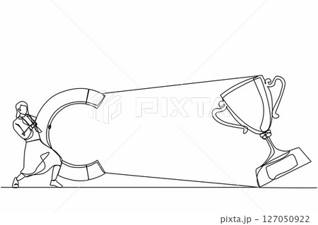 Single continuous line drawing young businesswoman attracting big trophy with huge magnet. Victory sign. Success, achievement, business goals concept. One line draw graphic design vector illustration Single continuous line drawing young businesswoman attracting big trophy with huge magnet. Victory sign. Success, achievement, business goals concept. One line draw graphic design vector illustration 127050922