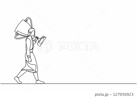 Single one line drawing businesswoman carry big trophy cup for winner as symbol of victory. Business concept of success and competition. Modern continuous line draw design graphic vector illustration Single one line drawing businesswoman carry big trophy cup for winner as symbol of victory. Business concept of success and competition. Modern continuous line draw design graphic vector illustration 127050923