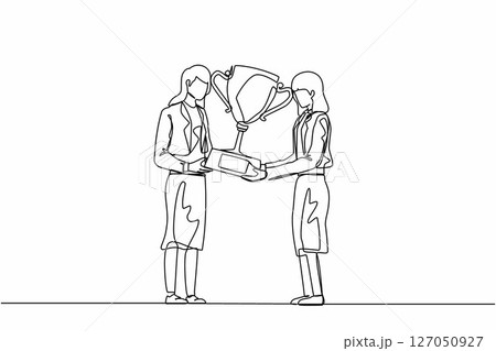 Single continuous line drawing businesswoman winner getting first prize. Girl giving golden cup to businesswoman. Winning, leadership, achievement concept. Dynamic one line draw graphic design vector 127050927
