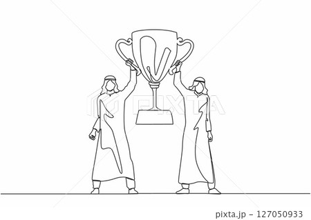 Single one line drawing two men holding golden goblet. Winners celebrating victory. Arabian businessman with prize, trophy cup. Celebration business team success. Continuous line design graphic vector 127050933