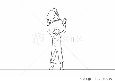 Single one line drawing Arabic businessman standing and lifting trophy. Career goal icon. Victory sign or symbol. Winner pose. Success, goal, achievement concept. Continuous line design graphic vector 127050939