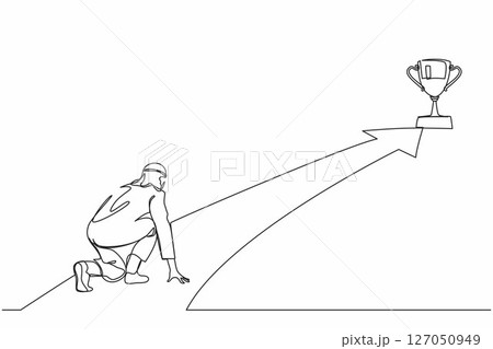 Single one line drawing Arabian businessman get ready on starting to goal of business in starting position ready to sprint run. Reaching trophy. Business concept. Continuous line design graphic vector Single one line drawing Arabian businessman get ready on starting to goal of business in starting position ready to sprint run. Reaching trophy. Business concept. Continuous line design graphic vector 127050949