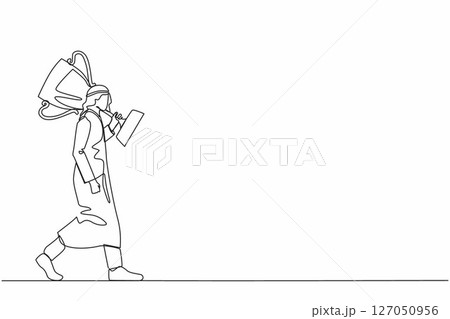 Continuous one line drawing Arabian businessman carry big trophy cup for winner as symbol of victory. Business concept of success and competition. Single line draw design vector graphic illustration Continuous one line drawing Arabian businessman carry big trophy cup for winner as symbol of victory. Business concept of success and competition. Single line draw design vector graphic illustration 127050956