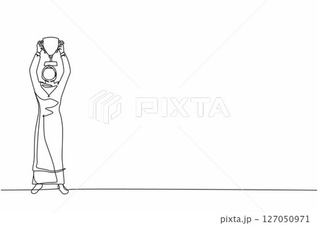 Single one line drawing happy Arabian businesswoman standing and lifting trophy. Career goal icon. Victory sign or symbol. Winner pose. Success, goal, achievement. Continuous line draw design vector 127050971