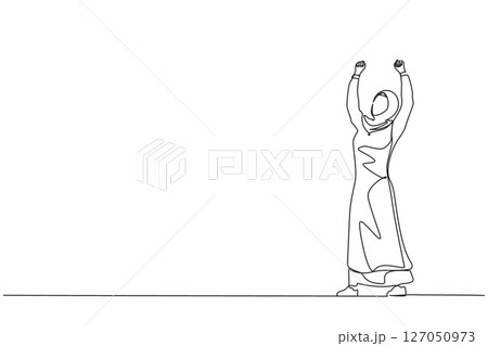Single continuous line drawing Arabic businesswoman standing and raising hands or arms. Successful person. Career goal. Victory sign or symbol. Winner pose. One line graphic design vector illustration 127050973