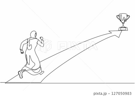 Single one line drawing Arabic businesswoman running on forward arrow to get trophy. People ready to start career and business. Manager running towards goal. Continuous line draw design vector graphic 127050983