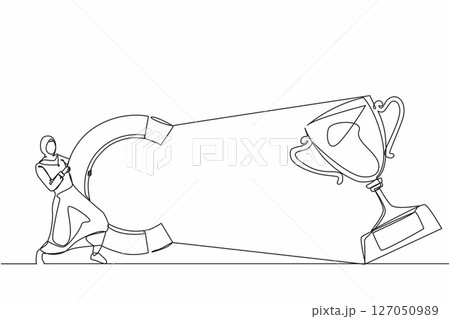 Single one line drawing Arabic businesswoman attracting big trophy with huge magnet. Victory sign. Success, achievement, business goals concept. Continuous line draw design graphic vector illustration Single one line drawing Arabic businesswoman attracting big trophy with huge magnet. Victory sign. Success, achievement, business goals concept. Continuous line draw design graphic vector illustration 127050989