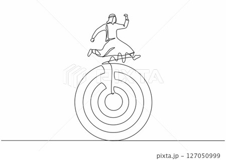 Single one line drawing Arabian businessman move forward with goals. Man running on target. Business competition to success. Marketing career. Continuous line draw design graphic vector illustration Single one line drawing Arabian businessman move forward with goals. Man running on target. Business competition to success. Marketing career. Continuous line draw design graphic vector illustration 127050999