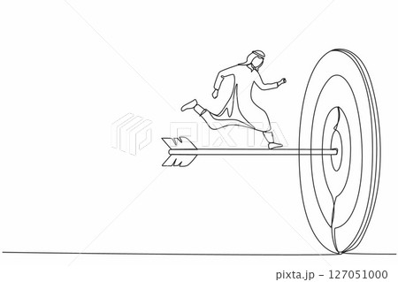Single continuous line drawing Arabian businessman run to bullseye with dart. Reach target success. Business metaphor. Successful business concept. Dynamic one line graphic design vector illustration 127051000