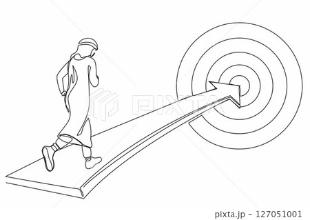 Single one line drawing Arab businessman running on arrow to center of dartboard. Business Concept of targeting and customer. Company vision mission. Continuous line design graphic vector illustration 127051001