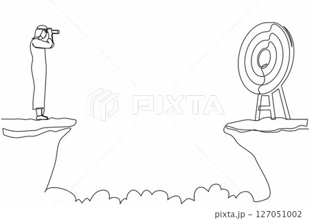 Continuous one line drawing Arabic businessman standing on cliff with binoculars in hand. Business target goals concept. Businessman focus to successful. Single line design vector graphic illustration 127051002