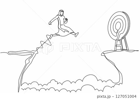 Continuous one line drawing Arab businessman jumping over cliff to reach target. Success move while taking risk. Entrepreneur challenges, motivation, personal growth. Single line design vector graphic Continuous one line drawing Arab businessman jumping over cliff to reach target. Success move while taking risk. Entrepreneur challenges, motivation, personal growth. Single line design vector graphic 127051004