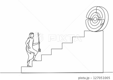 Single one line drawing Arab businessman holding arrow running up stairway to high target. Business concept growth and path to success. Career path. Continuous line design graphic vector illustration Single one line drawing Arab businessman holding arrow running up stairway to high target. Business concept growth and path to success. Career path. Continuous line design graphic vector illustration 127051005