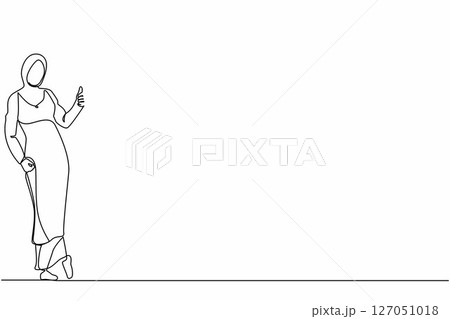 Single continuous line drawing Arabian businesswoman dressed in hijab wear showing thumbs up sign and leaning against the wall. Deal, like, agree, approve, accept. One line draw graphic design vector Single continuous line drawing Arabian businesswoman dressed in hijab wear showing thumbs up sign and leaning against the wall. Deal, like, agree, approve, accept. One line draw graphic design vector 127051018