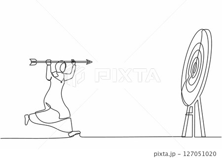 Continuous one line drawing positive ambitious Arab businesswoman point big arrow on target. Goal achievement concept. Business purpose, goal, strategy success. Single line draw design vector graphic Continuous one line drawing positive ambitious Arab businesswoman point big arrow on target. Goal achievement concept. Business purpose, goal, strategy success. Single line draw design vector graphic 127051020