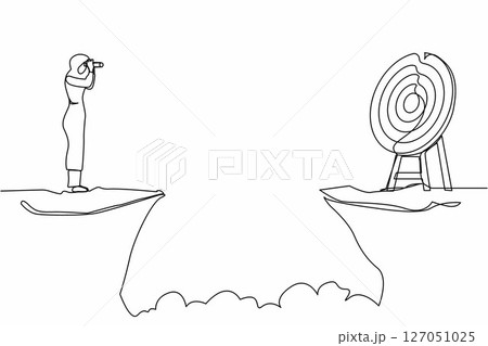 Continuous one line drawing Arab businesswoman standing on cliff with binoculars in hand. Business target goals concept. Woman focus to successful. Single line draw design vector graphic illustration 127051025