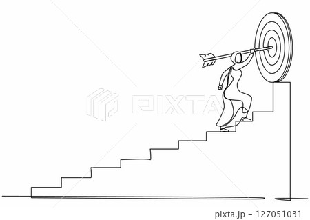 Continuous one line drawing Arabian businesswoman with arrow running toward her goal, path to achieving high goal, through stairs, steps of achievement. Single line design vector graphic illustration 127051031