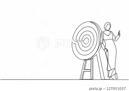 Continuous one line drawing happy Arabian businesswoman or manager is standing or leaning target with thumbs up gesture. Arrow hit target exactly. Single line draw design vector graphic illustration 127051037
