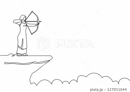 Single one line drawing Arabian businesswoman standing on cliff with archer in hand. Business target goal. Woman focus to successful. Shooting target with bow arrow. Continuous line draw design vector Single one line drawing Arabian businesswoman standing on cliff with archer in hand. Business target goal. Woman focus to successful. Shooting target with bow arrow. Continuous line draw design vector 127051044