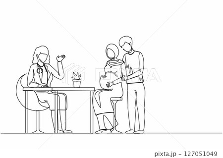 Single one line drawing Arabian Moslem family expecting child visiting doctor isolated. Physician consulting pregnant woman with husband. Modern continuous line draw design graphic vector illustration 127051049