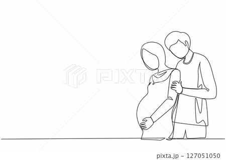 Continuous one line drawing young man carefully embraced Arabian pregnant woman. Husband and wife are expecting baby, young parents, family support. Single line draw design vector graphic illustration Continuous one line drawing young man carefully embraced Arabian pregnant woman. Husband and wife are expecting baby, young parents, family support. Single line draw design vector graphic illustration 127051050