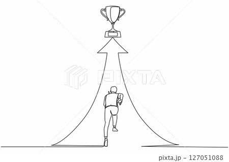 Single continuous line drawing reach for trophy. Businessman runs to target. Man working for goal, success, development, ability, victory, motivation. One line draw graphic design vector illustration Single continuous line drawing reach for trophy. Businessman runs to target. Man working for goal, success, development, ability, victory, motivation. One line draw graphic design vector illustration 127051088