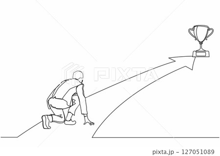 Continuous one line drawing businessman get ready on starting to goal of business in starting position ready to sprint run. Reaching trophy. Business concept. Single line draw design vector graphic 127051089