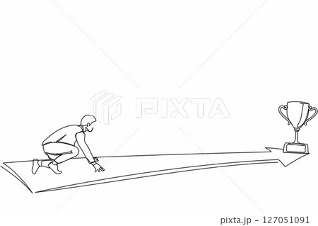 Continuous one line drawing side view businessman ready to run to trophy at end of route. Concept of vision mission and goal of business. People run to their goal. Single line design vector graphic Continuous one line drawing side view businessman ready to run to trophy at end of route. Concept of vision mission and goal of business. People run to their goal. Single line design vector graphic 127051091