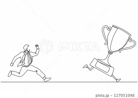 Single continuous line drawing businessman trying to catch trophy. Man running and chasing after run away winner cup. Business challenge metaphor. Dynamic one line graphic design vector illustration Single continuous line drawing businessman trying to catch trophy. Man running and chasing after run away winner cup. Business challenge metaphor. Dynamic one line graphic design vector illustration 127051098