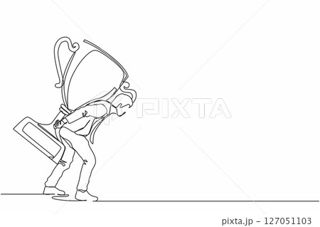Single continuous line drawing heavy burden of victory business concept. Tired and disappointed businessman is carrying huge golden trophy on back. Dynamic one line graphic design vector illustration Single continuous line drawing heavy burden of victory business concept. Tired and disappointed businessman is carrying huge golden trophy on back. Dynamic one line graphic design vector illustration 127051103