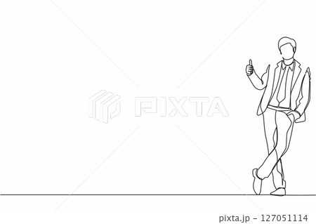 Continuous one line drawing excited businessman dressed in formal wear showing thumbs up sign and leaning against the wall. Deal, like, agree, approve, accept. Single line draw design vector graphic Continuous one line drawing excited businessman dressed in formal wear showing thumbs up sign and leaning against the wall. Deal, like, agree, approve, accept. Single line draw design vector graphic 127051114