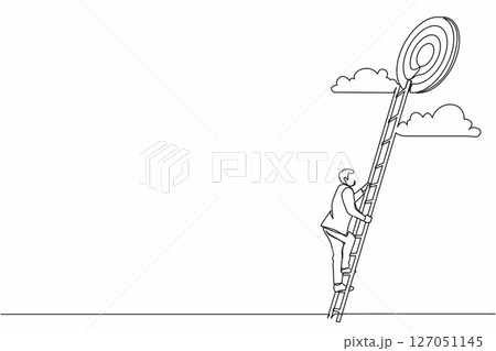 Single continuous line drawing stairs to goal. Businessman in suit rises up stairs to top of target. Business concept. Achieving goal. Ladder sky. Strategy to aim. One line draw graphic design vector 127051145