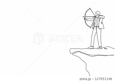 Single one line drawing businessman standing on cliff with archer in hand. Business target goal. Businessman focus to successful. Shooting target with bow and arrow. Continuous line draw design vector Single one line drawing businessman standing on cliff with archer in hand. Business target goal. Businessman focus to successful. Shooting target with bow and arrow. Continuous line draw design vector 127051146