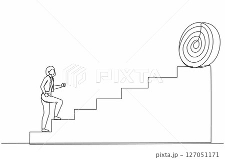 Single continuous line drawing businesswoman holding arrow running up stairway to high target. Business concept growth, path to success. Career path. One line draw graphic design vector illustration 127051171