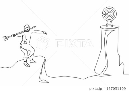 Continuous one line drawing Arab businessman standing on peak of cliff targeting dartboard with big arrow. Man aiming target on cliff. Success business metaphor. Single line draw design vector graphic 127051199
