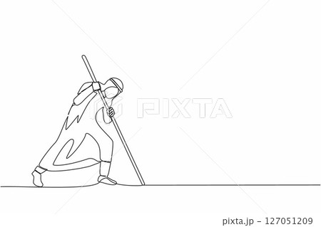Continuous one line drawing Arabian businessman mark goal with arrow. Man holding arrow, hits target on ground. Achieving goals. Focus marketing target strategy. Single line draw design vector graphic 127051209