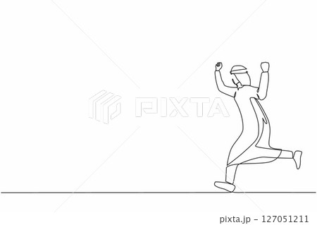 Single one line drawing happy Arabian businessman running. Business concept. Late for work. Successful man run for work. Business people. Modern continuous line draw design graphic vector illustration 127051211