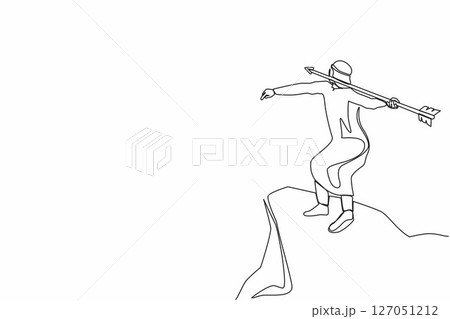 Single continuous line drawing strong Arabian businessman throwing rising up arrow to achieve goal. Business growth, success and improvement concept. One line draw graphic design vector illustration 127051212