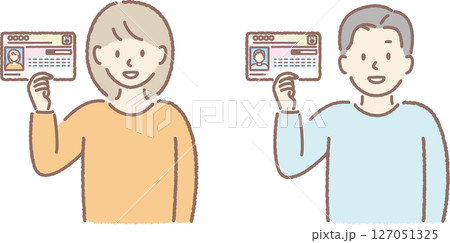 マイナンバーカードを提示する男性、女性 マイナンバーカードを提示する男性、女性 127051325