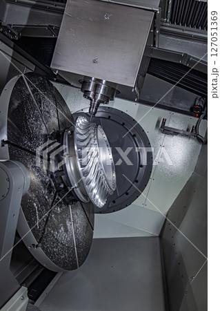 Metalworking CNC lathe milling machine. Cutting metal modern processing technology. Metalworking CNC lathe milling machine. Cutting metal modern processing technology. 127051369