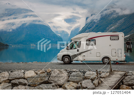 Family vacation travel RV, holiday trip in motorhome, Caravan car Vacation. 127051404