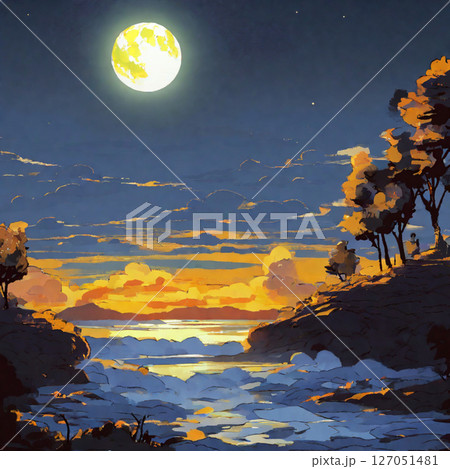 日暮れ後の満月が見える丘の上に立つ不思議な風景画 日暮れ後の満月が見える丘の上に立つ不思議な風景画 127051481