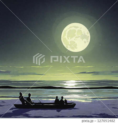 月明かりの渚に揚げたボートの上での月見 月明かりの渚に揚げたボートの上での月見 127051482