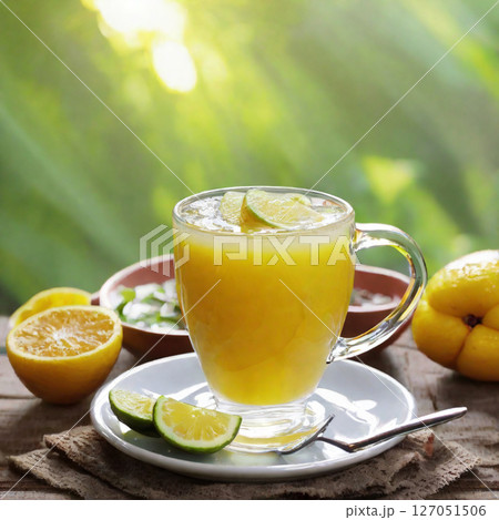 屋外のテーブルに置かれた朝のジュースと柑橘 屋外のテーブルに置かれた朝のジュースと柑橘 127051506