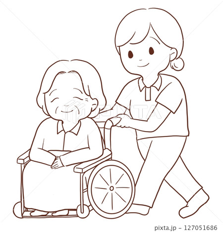 車いすを押す介護士(線画) 127051686