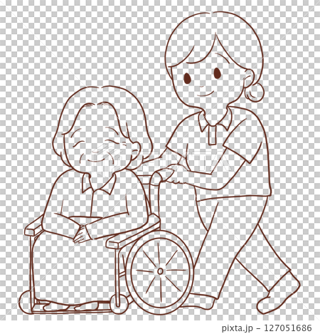 車いすを押す介護士(線画) 127051686